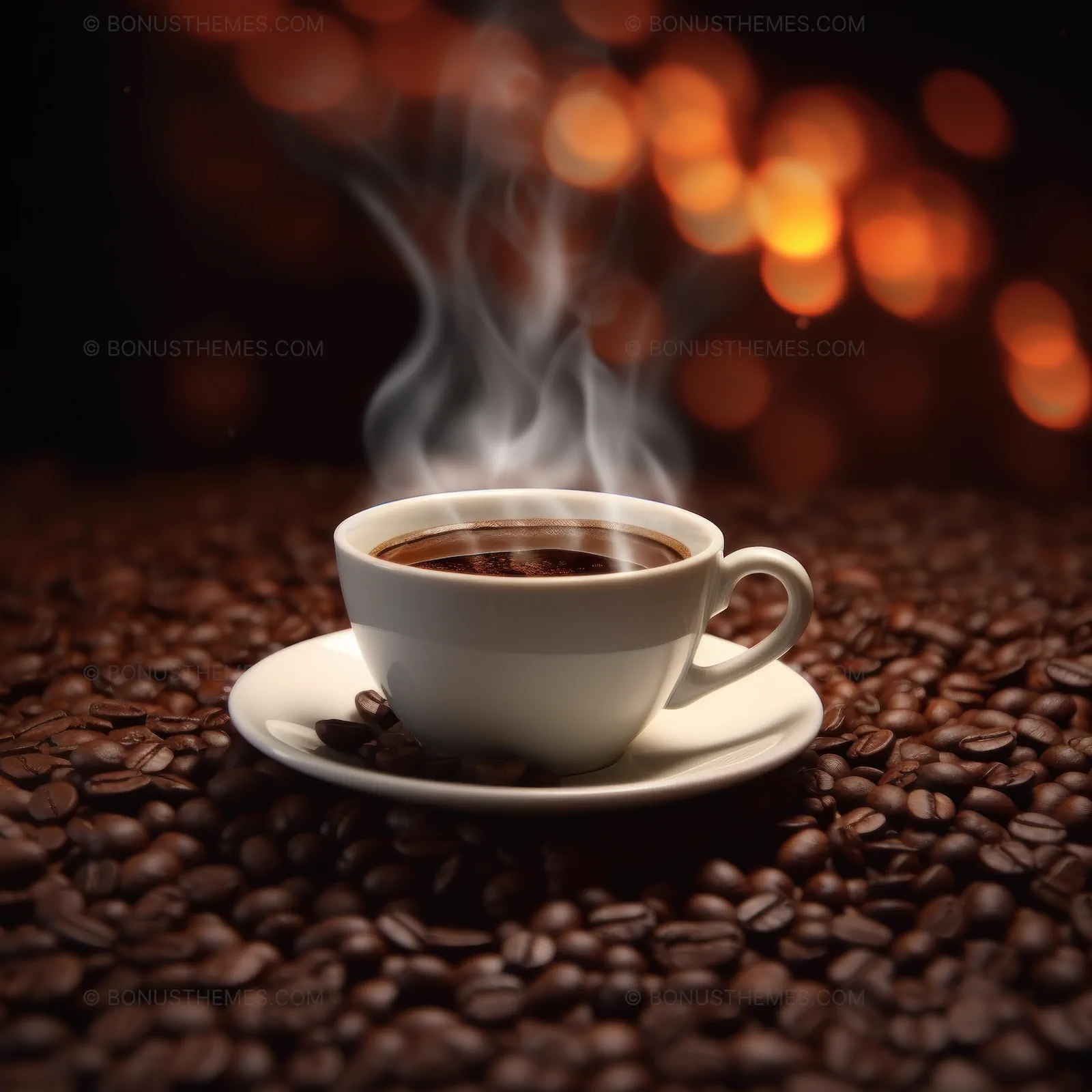 White Coffee Cup with Rising Steam and Scattered Beans | Cozy Aromatic AI Generated Image