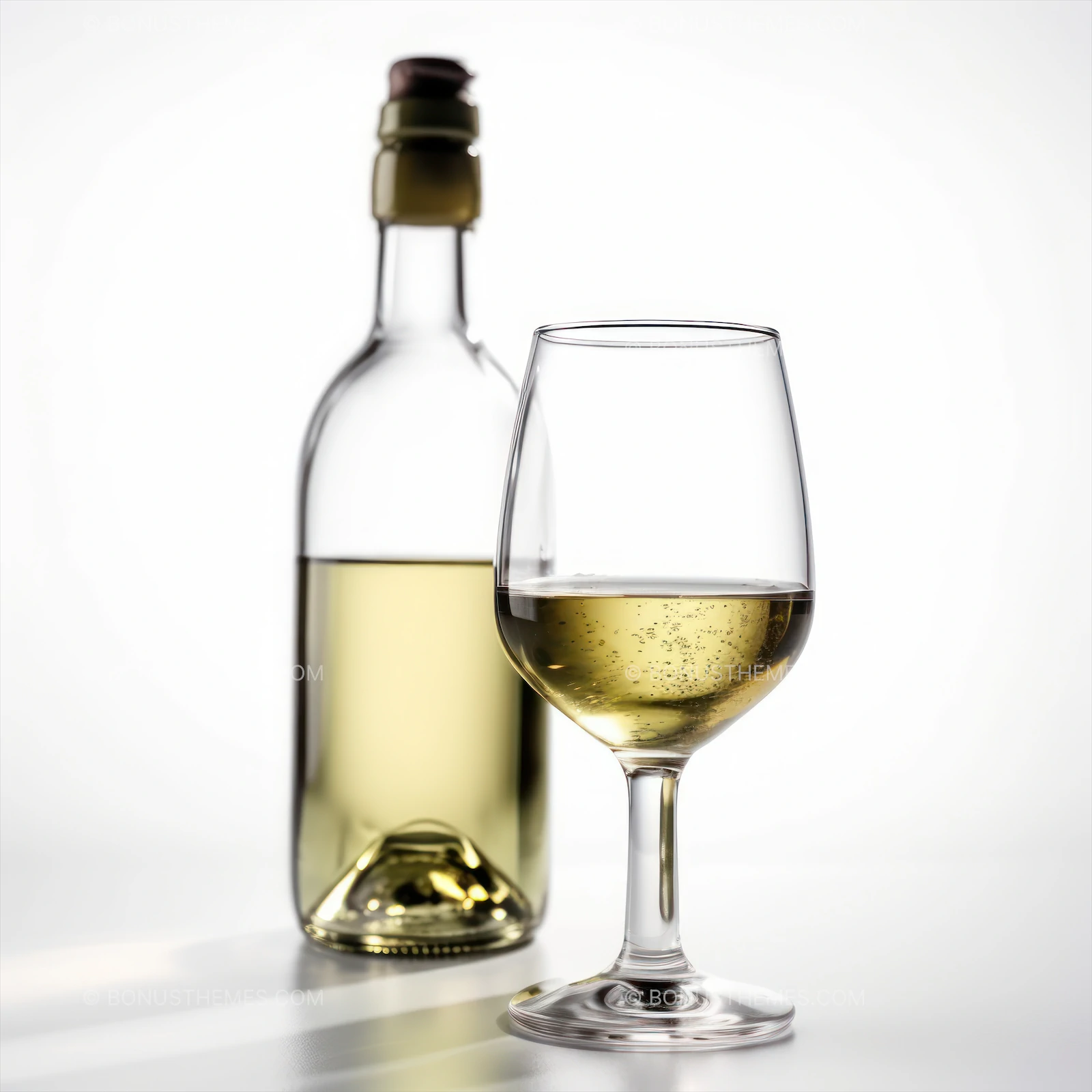 Elegant White Wine Bottle and Filled Glass Isolated on White | Realistic AI Generated Beverage Illustration