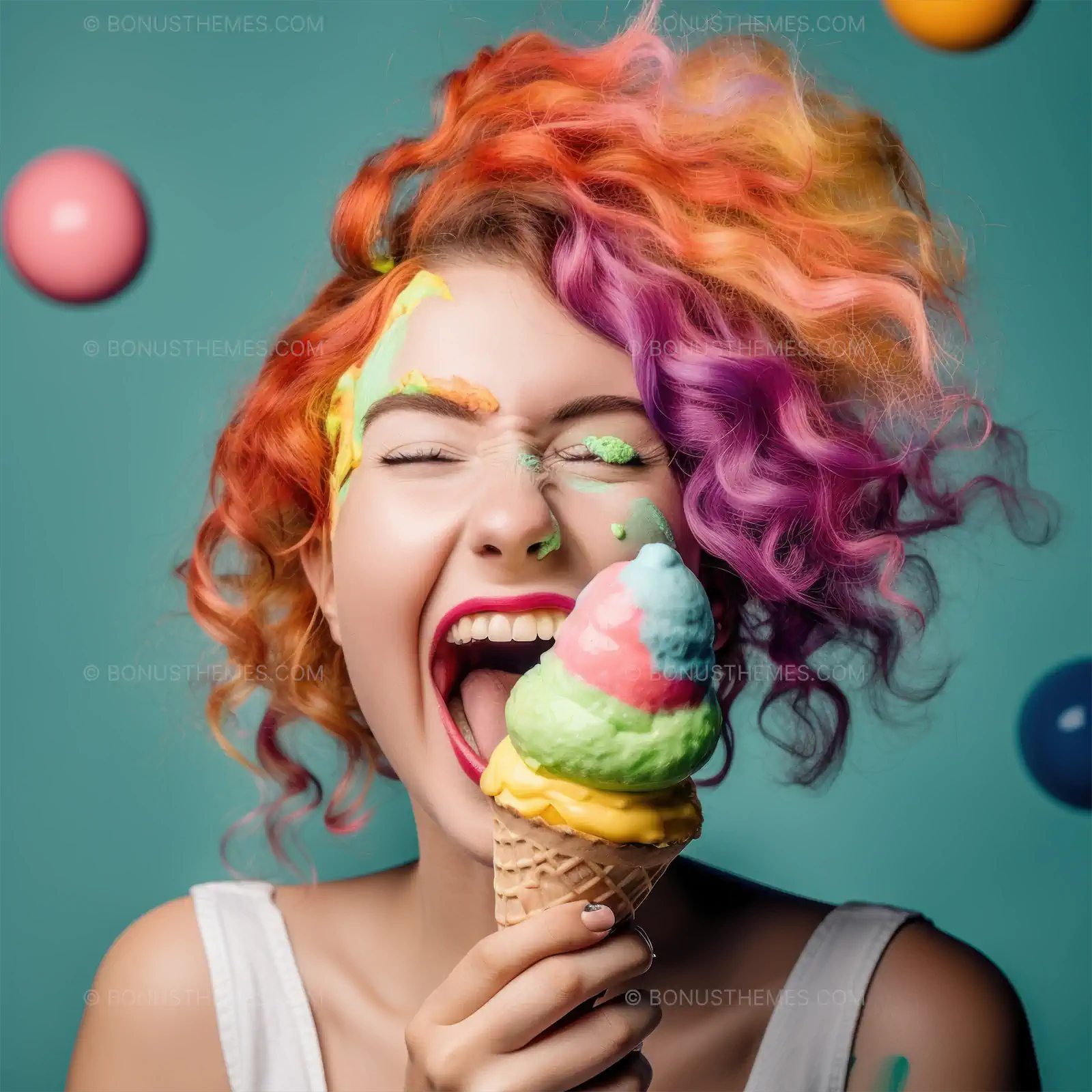 Woman with Rainbow Hair Holding Colorful Ice-Cream Cone - Playful AI Generated Image