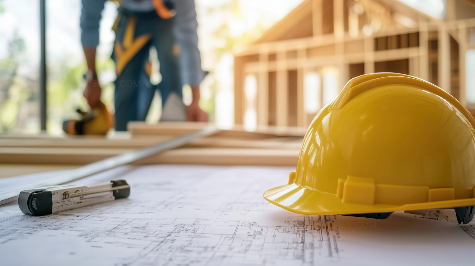 Yellow Hard Hat on Construction Blueprints with Blurred Site Background | AI Art