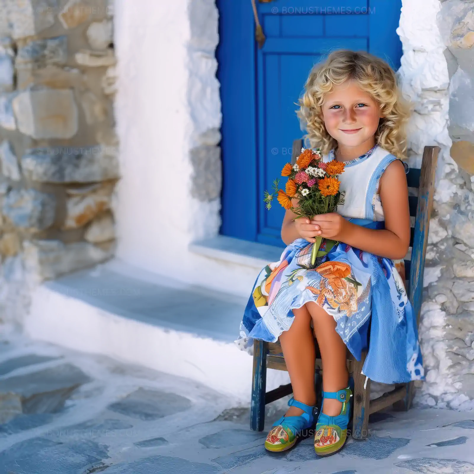 Young Girl with Wildflowers in Santorini | Mediterranean Village AI Generated Portrait