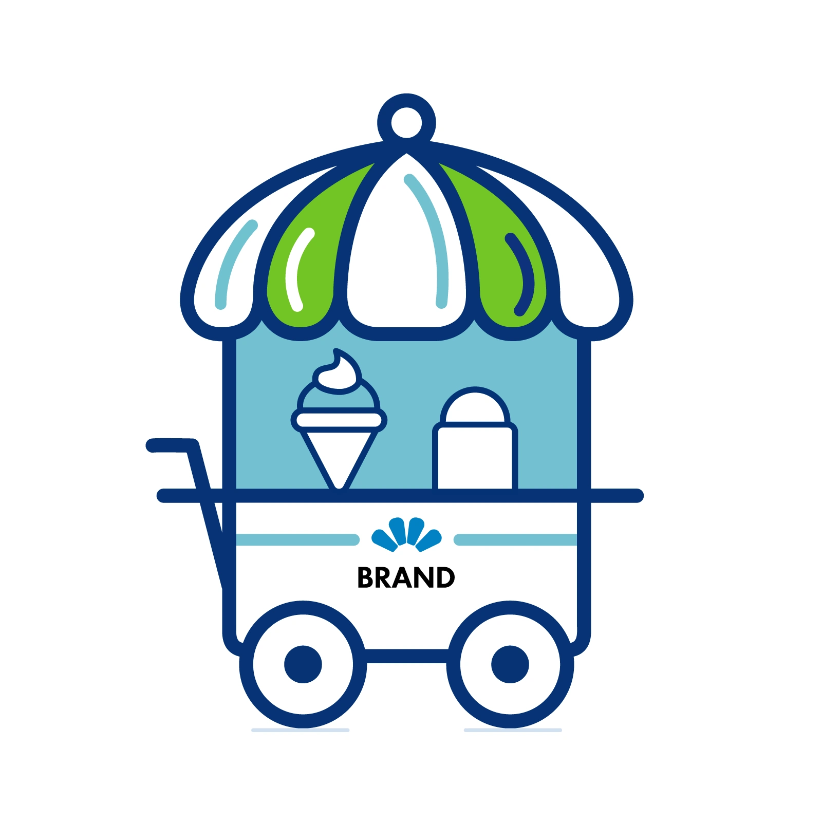 Blue and White Ice Cream Cart with Green Umbrella - Brand Display - AI Generated Vector Graphic