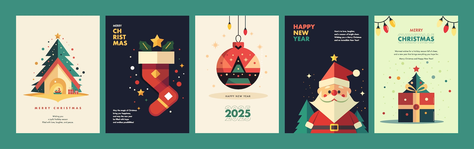 Christmas & New Year 2025 Greeting Card Collection - 5 Stylized AI Generated Vectors