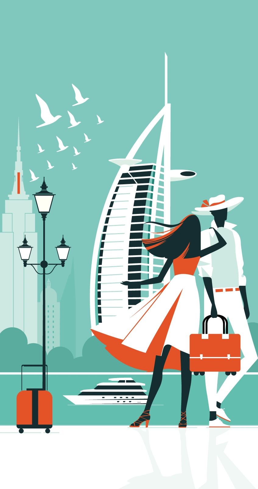 Luxury Travel in Dubai: Couple at Burj Al Arab - AI Generated Vector Graphic