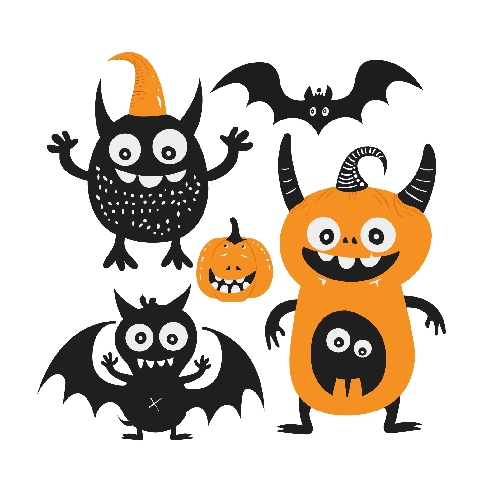 Friendly Halloween Monsters Collection with Pumpkin and Bat - AI Generated Vector Graphic