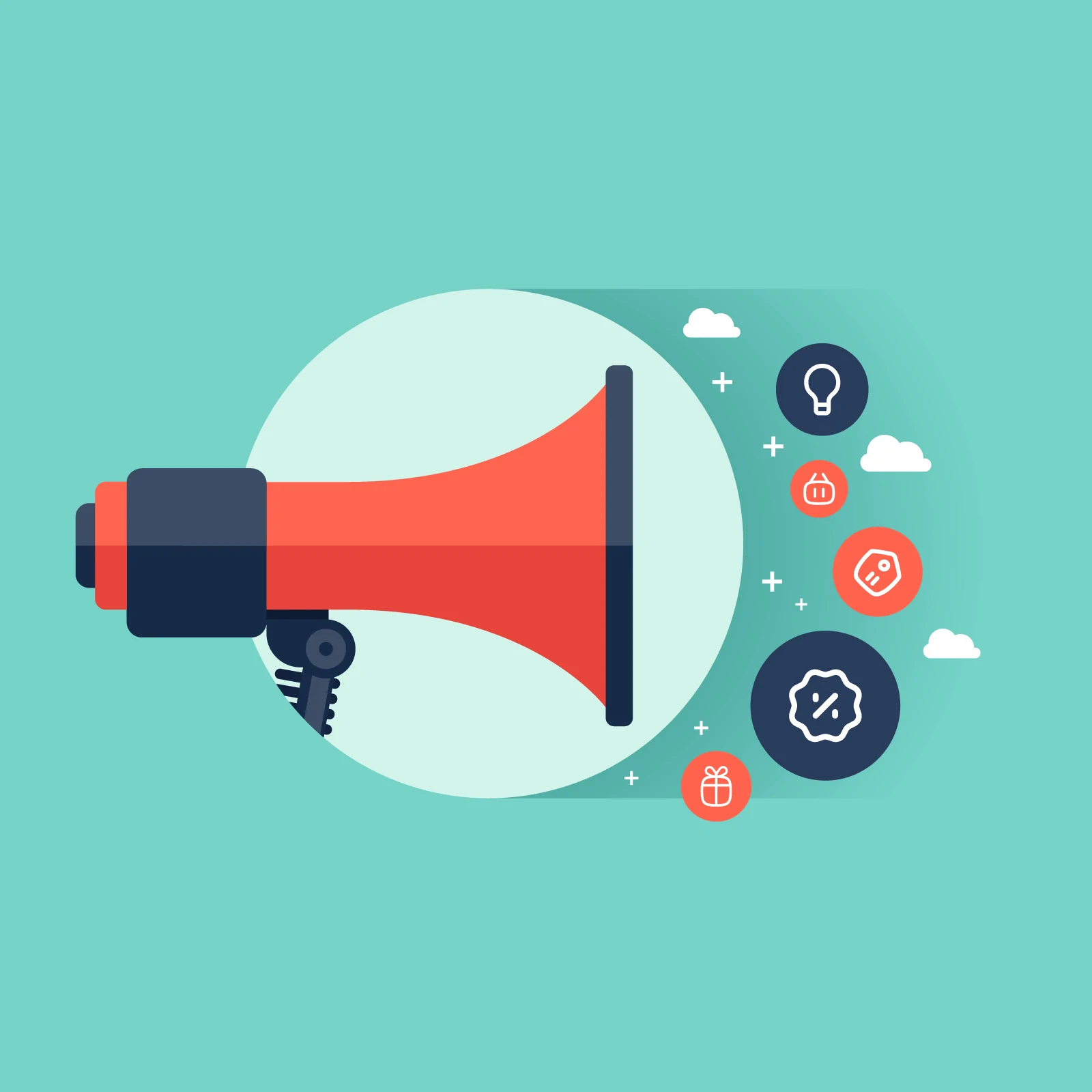 Large Red Microphone in Teal Circle with Icons - AI Generated Vector Graphic