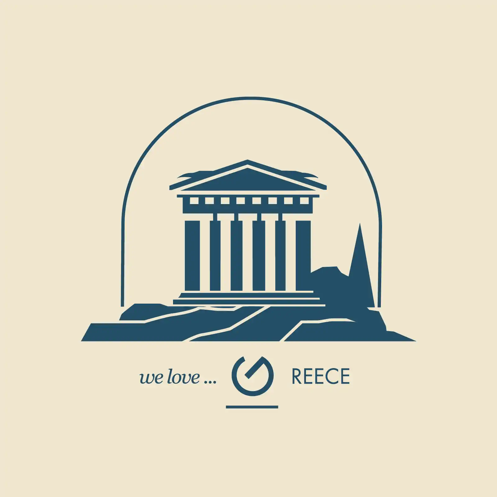 Blue and White Parthenon Logo with 'We Love Greece' - AI Generated Vector Graphic