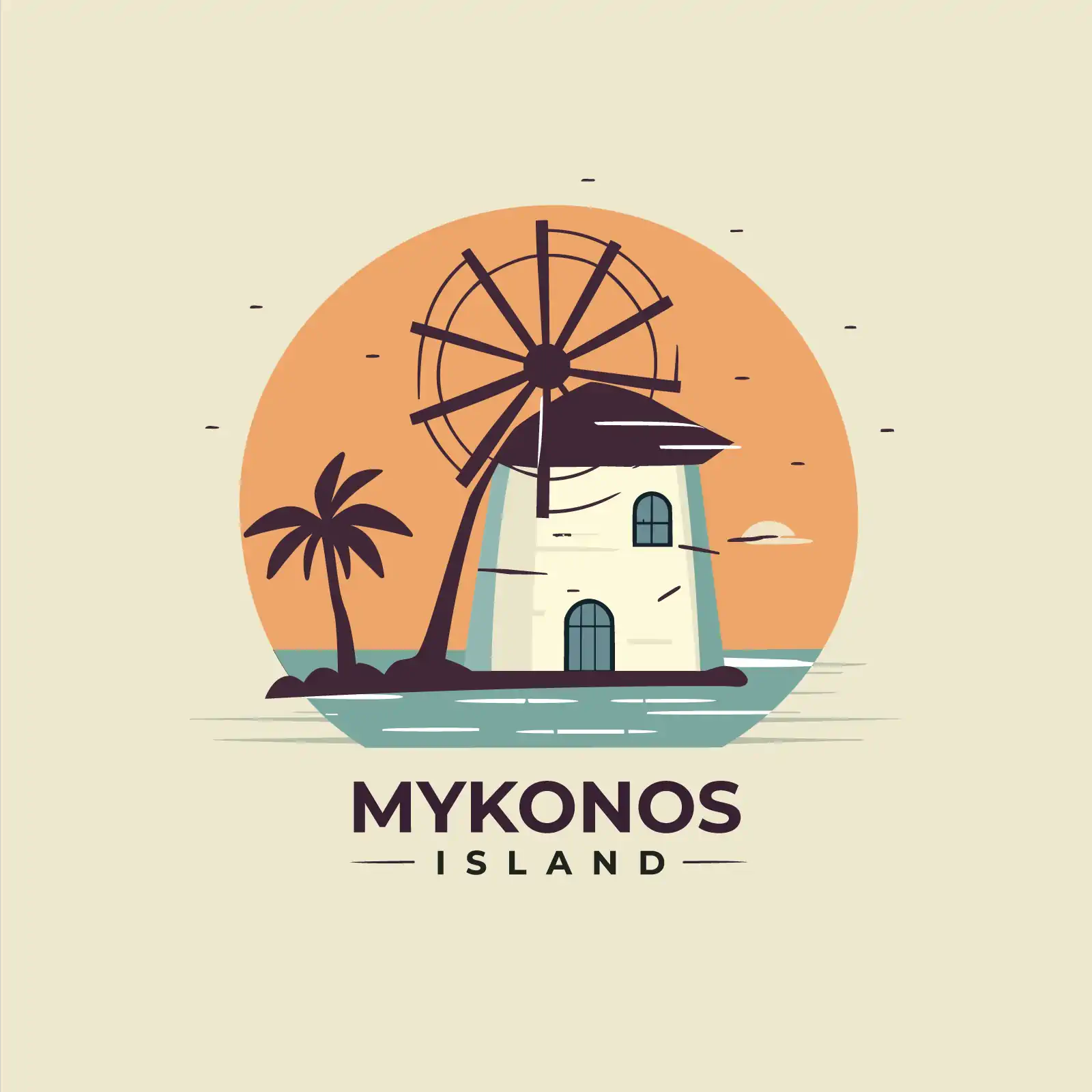 Windmill on Beach with Palm Tree - AI Generated Vector Graphic